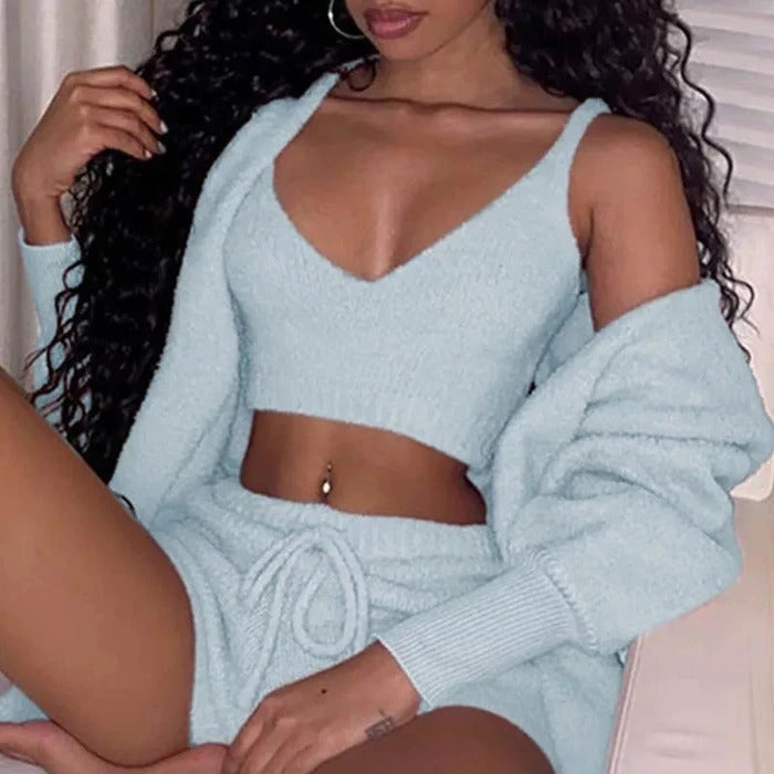 3-Piece Women’s Pajama Set – Long Sleeve Crop Top & Drawstring Shorts