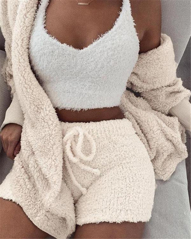 3-Piece Women’s Pajama Set – Long Sleeve Crop Top & Drawstring Shorts
